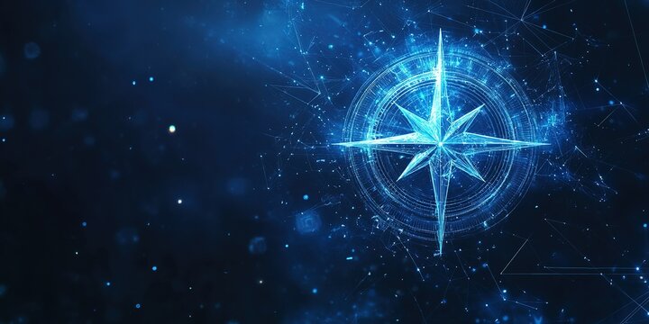 Digital compass design featuring a glowing star pattern on a blue background