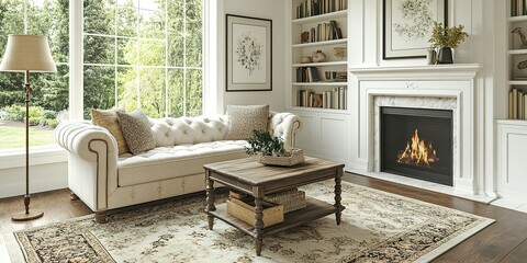 Elegant living room featuring a cozy couch, warm fireplace, and stylish decor in a serene setting with large windows