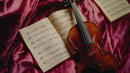 Fototapeta premium Classical music sheet notes elegantly displayed on a wooden stand, embodying the timeless beauty and intricate artistry of orchestral compositions.