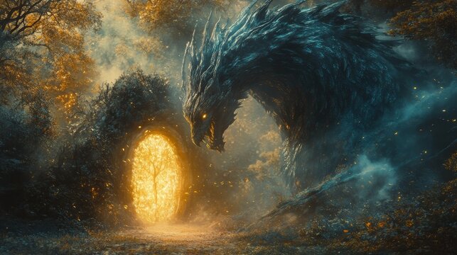 Majestic dragon guarding a mystical golden portal in an enchanted forest at twilight