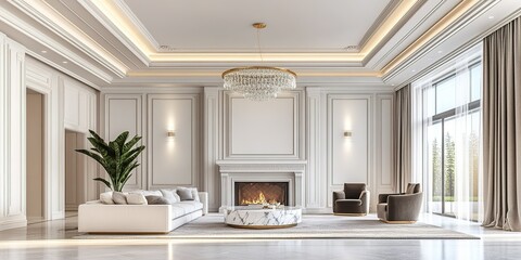 Elegant modern living room with fireplace and stylish furnishings in a spacious interior design