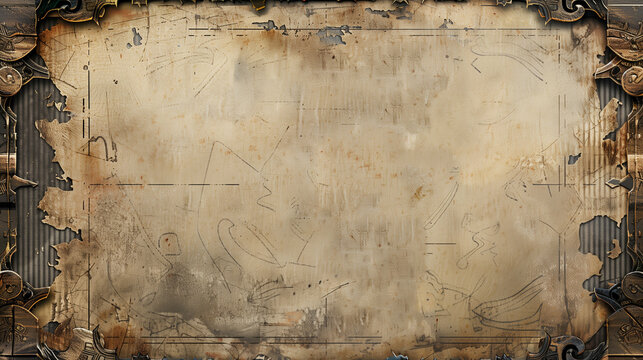 Vintage parchment with ornate metallic frame and weathered texture, ideal for fantasy or historical themes
