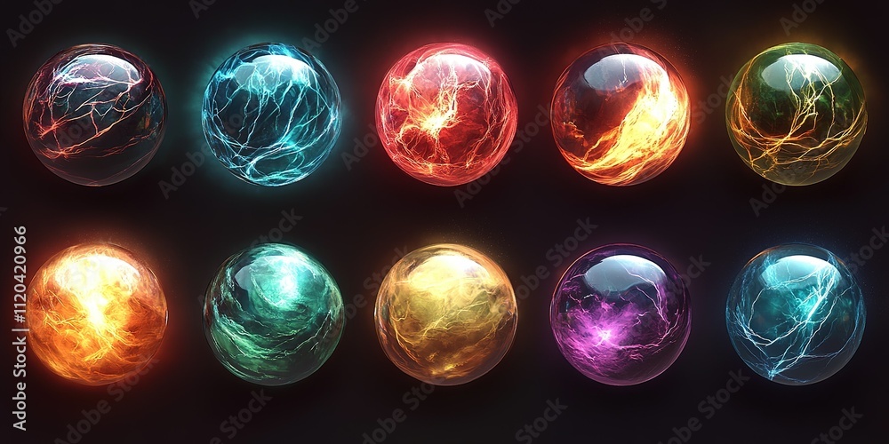 Poster colorful energy spheres with glowing effects arrayed in a visually striking pattern on a dark backgr