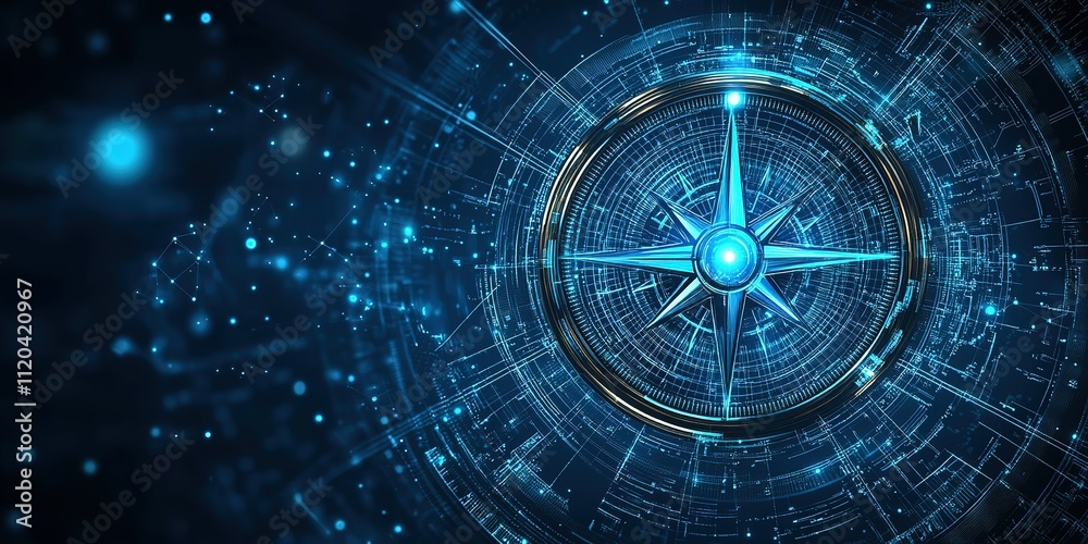 Poster compass design with futuristic digital elements creating a sense of navigation and exploration in a 