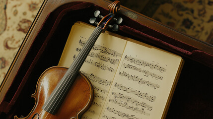 Naklejka premium Classical music sheet notes elegantly displayed on a wooden stand, embodying the timeless beauty and intricate artistry of orchestral compositions.