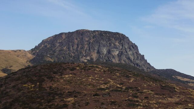 Hallasan National Park, Jeju island, South Korea, spring view of Yeongsil trail with a wooden ladder path stairs, trekking and climbing, stairway to Halla mountain, hiking in Korea, Jeju-do, sunny day