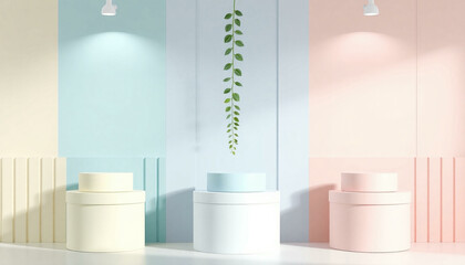 Minimalist pastel podiums, Geometric shapes, Soft color palette