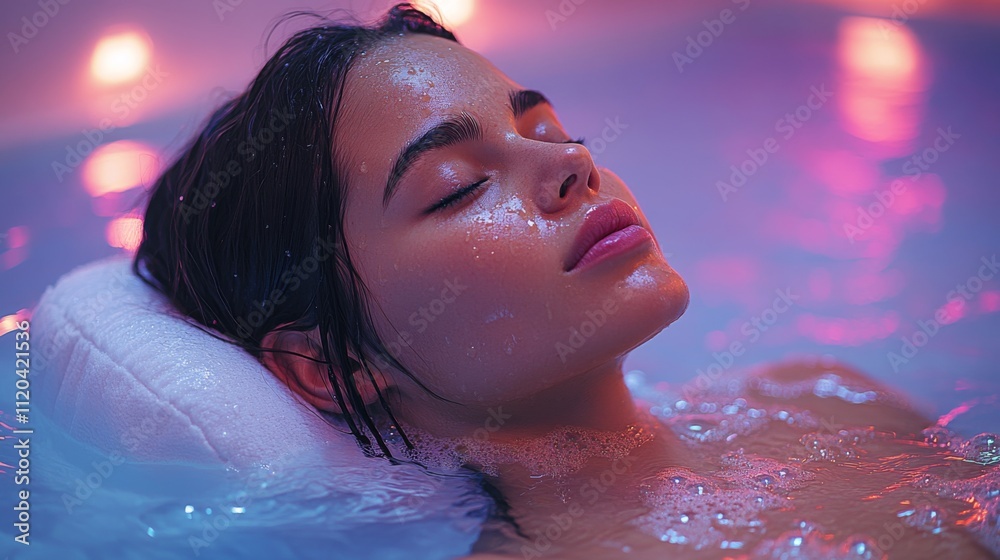 Poster a young woman enjoys a moment of tranquility while soaking in a spa pool, surrounded by soft lightin