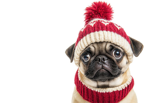 Cute pug wearing a knitted hat and scarf, isolated on a white background.
