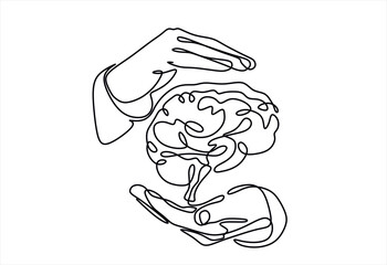 One continuous single line of hands hold brain. World Mental Health day is observed every year on October 10, A mental illness is a health problem
