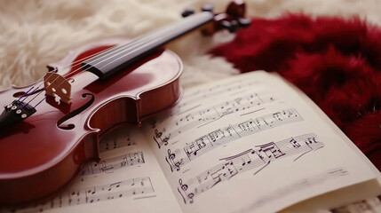 Fototapeta premium Classical music sheet notes elegantly displayed on a wooden stand, embodying the timeless beauty and intricate artistry of orchestral compositions.