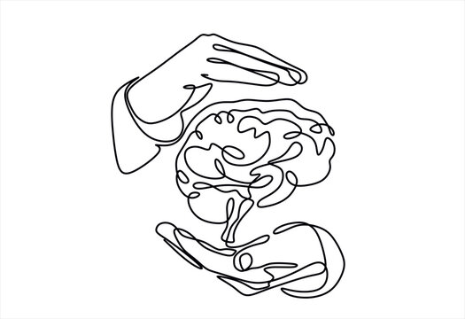 One continuous single line of hands hold brain. World Mental Health day is observed every year on October 10, A mental illness is a health problem