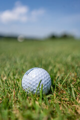 Golf ball close-up in grass waiting for another shot with blurred background, low angle.