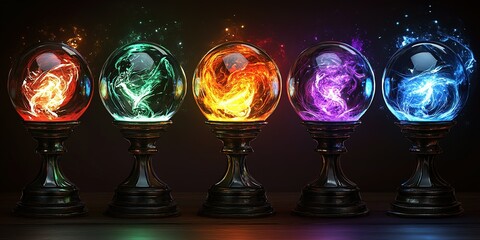 Colorful crystal balls emit swirling energies in a mystical display of light and magic