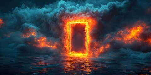 Enigmatic portal surrounded by fiery clouds and water creating a mystical atmosphere in a surreal landscape at twilight