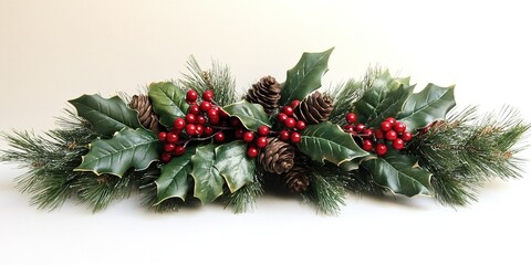 Holiday decoration featuring holly, pinecones, and red berries on a soft background for festive ambiance