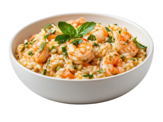 Delicious shrimp risotto garnished with fresh herbs in a white bowl.