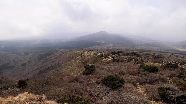 Hallasan National Park, Jeju island, South Korea, spring view of Yeongsil trail with a wooden ladder path stairs, trekking and climbing, stairway to Halla mountain, hiking in Korea, Jeju-do, sunny day