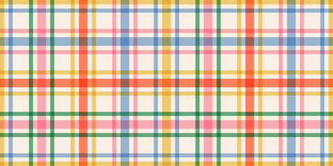 Vibrant plaid seamless checkered pattern with intersecting lines on a light background in vibrant retro style. Perfect for wrapping paper. Birthday, New Year, Christmas or any celebrations backdrop.