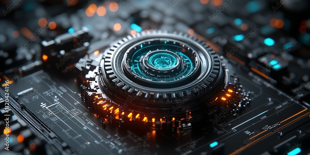 Poster futuristic circuit board with intricate design and glowing elements in a high-tech environment