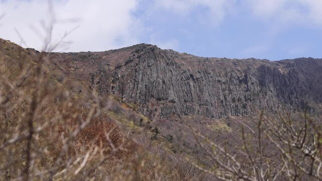 Hallasan National Park, Jeju island, South Korea, spring view of Yeongsil trail with a wooden ladder path stairs, trekking and climbing, stairway to Halla mountain, hiking in Korea, Jeju-do, sunny day