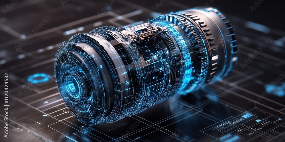 Poster advanced lens technology displayed in a futuristic setting with digital elements and 3d visualizatio
