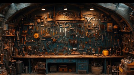 Antique tools arranged on a workshop wall.