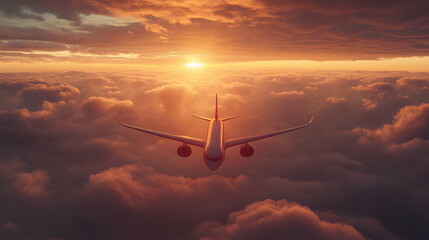 Airplane flying in the sky at sunset with clouds and a peaceful atmosphere