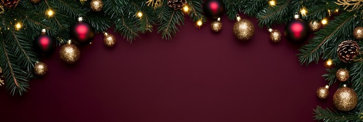 Christmas background with vibrant tones and decorative tree branches. Adorned with dark lights and shimmering ornament balls, elegant holiday frame. Perfect for banners, posters, or festive designs.