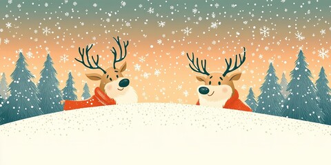 Naklejka premium Two cheerful reindeer wearing red scarves enjoy a snowy winter landscape with trees and falling snowflakes during sunset