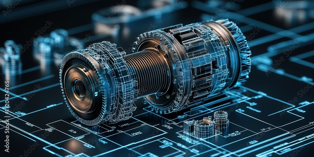 Poster detailed blueprint of a mechanical component showing intricate design and engineering processes in a
