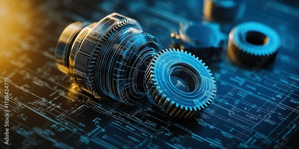 Poster mechanical gears and components arranged on a blueprint background showcasing detailed engineering d