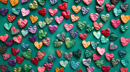 Colorful heart-shaped fruits and vegetables, vibrant red and green apples, yellow pears, orange persimmons, arranged on green background, flat lay composition, Valentine's Day theme, healthy love conc