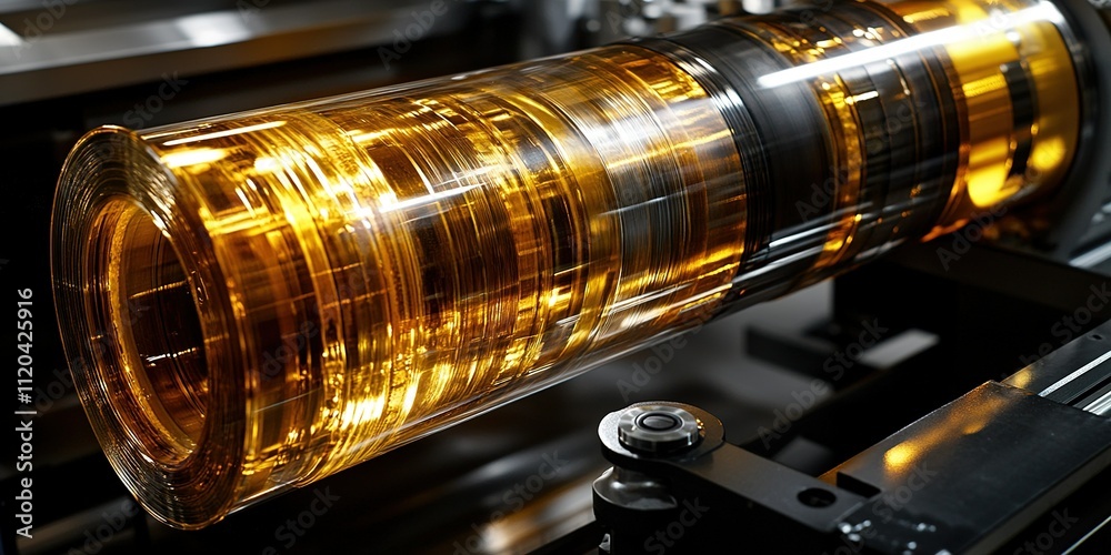 Poster clear cylindrical object showcasing intricate patterns in a modern manufacturing setting
