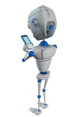 White robot with blue joints gesturing with his face while chatting with his smartphone against transparent background. 3D Illustration