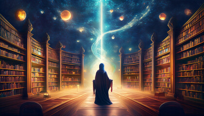 Metaphysical Akashic Records, Hall Of Records serene, celestial library floating in the cosmos, filled with glowing, infinite bookshelves that stretch endlessly in all directions