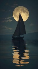 A sailboat floating on the lake under moonlight