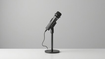 Sleek modern microphone on a stand, ideal for presentations and content creation against a minimalistic backdrop.