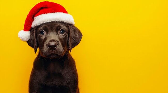 Cute black Labrador Retriever puppy in Santa Claus red hat on yellow background.