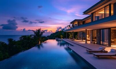 Fototapeta premium The villa and infinity pool bathed in the soft hues of twilight, with the private beach cove