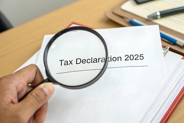Magnifying glass placed over a document titled "Tax Declaration 2025" on a desk illuminated by a lamp. A professional setting for financial analysis or tax preparation.