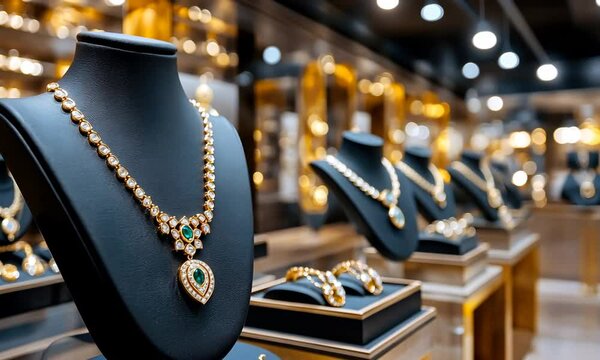 Luxurious gold jewelry shines under soft lighting in a prominent boutique, showcasing detailed designs and a variety of stunning pieces