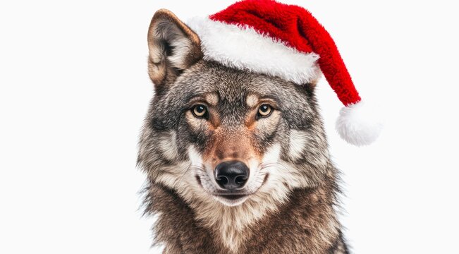 Gray wolf in Santa Claus red hat on white background.