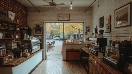 Cozy coffee shop interior with autumn view.