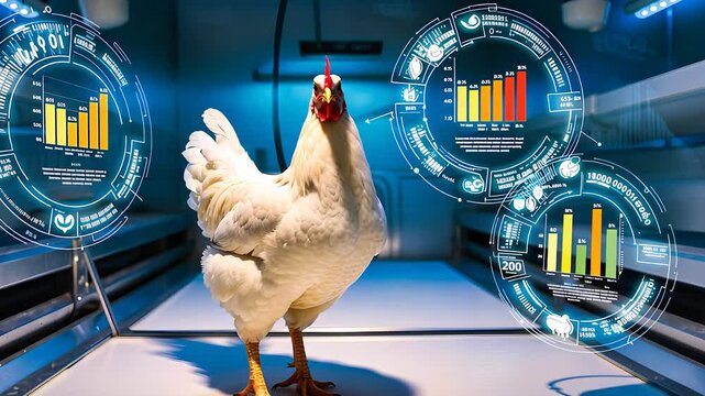 Smart Poultry Farming with Advanced Data Analytics Displayed Around a Chicken in a High-Tech Environment


