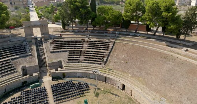Aerial view of the Roman amphitheater of Lucera, in the province of Foggia, Puglia, Italy. It is a Roman amphitheater built in the 1st century.