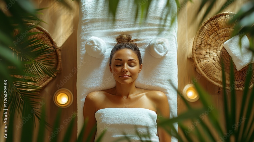 Poster a woman enjoys a calming moment with closed eyes, surrounded by soft towels and flickering candles, 