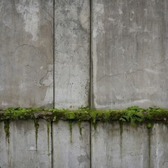 Gray concrete wall with cracks, plants growing from the cracks