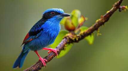 Vibrant Blue Bird Perched on a Branch in Lush Greenery with Soft Focus Background