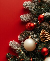 Christmas background with vibrant tones and decorative tree branches. Adorned with dark lights and shimmering ornament balls, elegant holiday frame. Perfect for banners, posters, or festive designs.